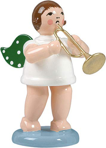 KDE Ellmann Engel mit Jazztrompete - 6,5 cm - grüne Flügel - Weihnachtsengel Erzgebirge