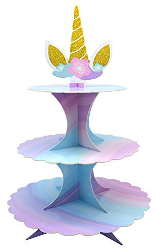 WEEPA 3 Tier Unicorn Cupcake Stand Unicorn Birthday Decorations Cupcake Toppers Pink Purple Cardboard Cake Stand for Party Decorations