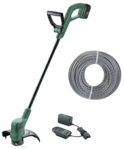 Bosch Akku Rasentrimmer EasyGrassCut 18-230 (1x Akku, 18 Volt System, Schnittkreisdurchmesser 23 cm, im Karton) + Trimmerfaden zum Auffüllen aller Aktuellen Trimmerspulen﻿﻿ (24 m × 1.6 mm, 1 Stück)
