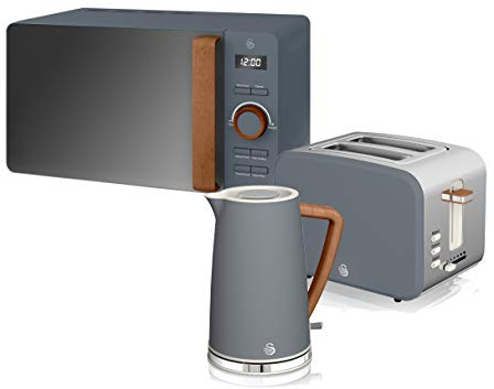 Swan Nordic Frühstücksset, Wasserkocher, 1,7 l, 2200 W, Breitschlitz-Toaster, 2 Scheiben, digitale Mikrowelle 20 l, modernes Design, Holzoptik, grau