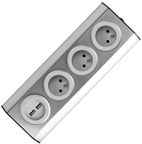 ORNO FS-1 Multiprise Electrique 3 compartiments avec sécurité enfants, montage en saillie à 45 °, idéal pour cuisine, bureau et plan de travail, 3680W 16A (3 fois sans câble + 2xUSB)