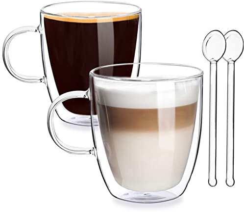 Vasos de Café de Doble Pared Juego de 2-400ml Tazas de Vidrio Borosilicato - Vasos de Café con Mango para Té, Latte, Leche, Cappuccino, Jugo - 2 Cuchara de Vidrio Gratis