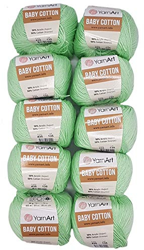 10 x 50g Strickwolle YarnArt Baby Cotton mit 50% Baumwolle, 500 Gramm Wolle einfarbig (kiwi 435)