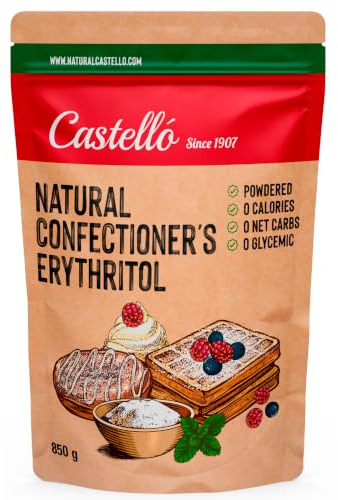 Sötningsmedel Erytritol - Pulver | 10g = 7g socker | Ersättare för florsocker - 0 Kalorier - 0 Glykemiskt Index - Keto och Paleo - 0 Netto Kolhydrater - Ej GMO - Castello since 1907-850 g