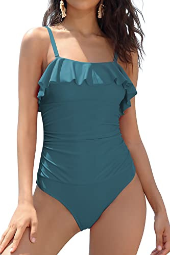 SHEKINI Donna Costume da Bagno Intero Bandeau Ruffle Removibili Ruched Beachwear Regolabili Backless Pancia Controllo Slim Mare Costumi(M,Verde)