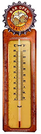 Crispe Analoges Innen Außen Thermometer 'BAR OPEN' aus Metall 45 x 12, dekorativ für Haus und Garten, wetterfest