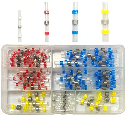 Newaner 120 Pièces joint de soudure connecteur de fil isolés, 4 tailles 26-10 AWG connecteurs bout avec gaine thermorétractable, cosse electriques pour Automobiles Motos, rapport de rétraction 3:1