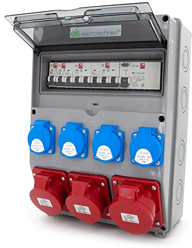 ELS Elektrotechnika Distributore da parete con interruttore FI e Schuko 4 x 230 V + 2 interruttori LS, 2 x CEE 16 A, 1 x CEE 32 A, prese, saldate, cablate, pronto per il collegamento per garage