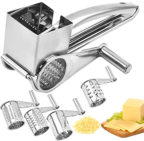 Käsereibe mit Kurbel, Käsereibe Drehbare, Käsereibe Edelstahl, Käsemühle Trommelreibe Manuelle mit 4 Abnehmbaren Trommelblättern, Gemüsehobel für Müheloses Reiben Käse Nüsse Silber