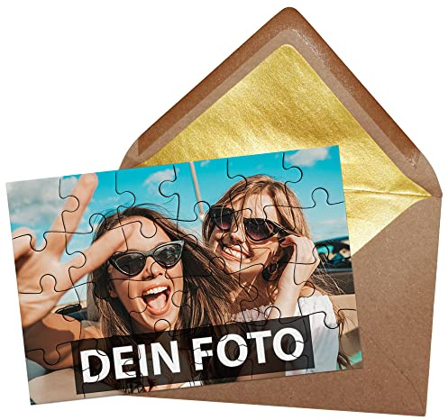Puzzle selbst gestalten mit eigenem Bild - 24 Teile Puzzle Personalisieren mit Foto und Wunschtext | Querformat, inkl. Briefumschlag mit Gold-Inlay