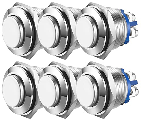 Guuzi 6pcs Pulsanti Momentanei Da 16mm 3A/250VAC; Pulsante Di Alimentazione Impermeabile 5A/12VAC Piccolo Rotondo In Metallo Inossidabile Cromato 2Pin N/O (Testa Alta)