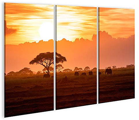 islandburner Bild auf Leinwand Herde Afrikanischer Elefanten Wandern Amboseli Sonnenuntergang Herde Afrikanischer Elefanten Loxodon Wandbild Leinwandbild Bilder für Wohnzimmer GGKI-3P