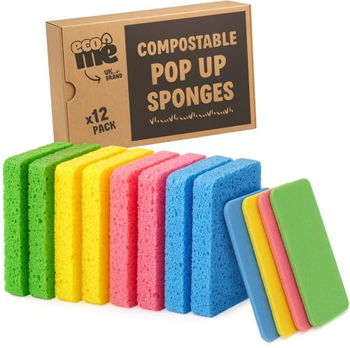 ecoMe | 'Pop-Up' Eco Sponges | 12 Pack | Compostable | Zero Waste | Plastic Free | 100% Natural Cellulose | Long-Lasting | 4 Colours: Perfect for Kitchen, Washing Up, Bathroom