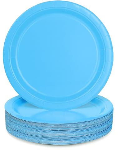 PARTY GO Lot de 50 assiettes jetables en carton de 22,9 cm pour dîner et dessert, fournitures de fête pour remise de diplôme, vacances, mariage, fête d'anniversaire, fête prénatale, bleu