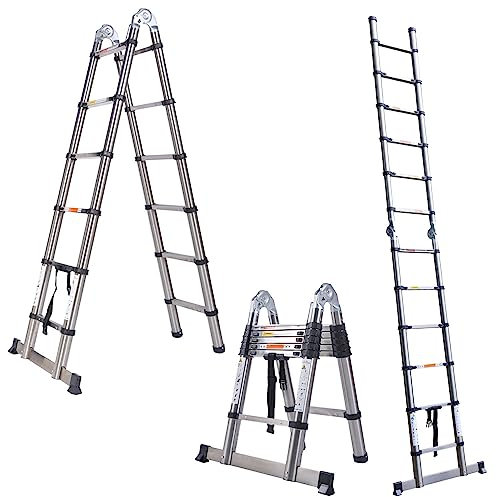 A Frame Telescopic Ladder Multi-purpose Ladder, Extendable Ladders Telescopiing, 1.9m+1.9m(3.8m) A-frame Ladder or Straight Ladder, Combination Ladder for Household Roof Home Loft Warehouse Outdoor