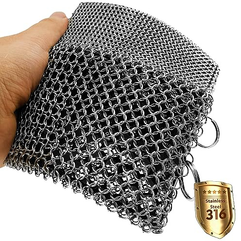 ERGONOW Limpiador de Malla de Cadena de Hierro Fundido - Anillo Fino - Limpiador de Sartén de Acero Inoxidable 316 - Silicona Integrada con Anillos Soldados - para Utensilios de Cocina, Ollas de