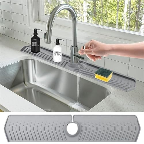 Kitchen Sink Splash Mat Silicone Faucet Handle Drip Catcher Tray Thickness and Slope Upgraded Sink Splash Guard Behind Faucet Protector Mat for Kitchen 30 X 5.7 (Grey)