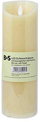 B & S LED Echtwachskerze rund bewegliche Flamme und Timer (H 30 x Ø 9 cm)