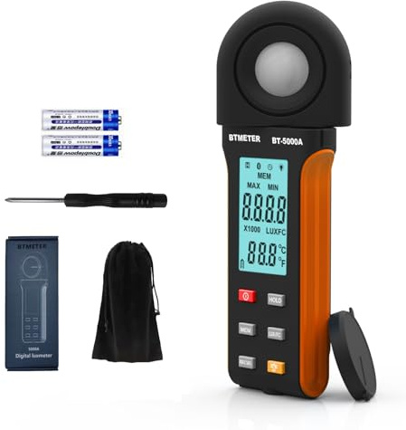 BTMETER Light Lux Meter Logger BT-5000A, Digital Lumen Tester Measure Lighting Level Intensity 0.1~400,000 Lux(0.1~40,000 FC) Foot Candle Luxometer with Data Logging for Plant Grow Aquarium