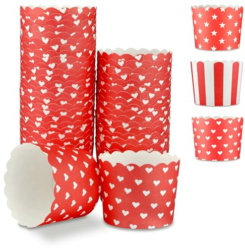 Frau WunderVoll® 100 Muffin Backformen rot, weiße Herzen, Durchmesser 6,1 cm/Muffins Muffinbackform Muffinform Form Backförmchen Cupcake Formen Förmchen Papier Cupcakeformen