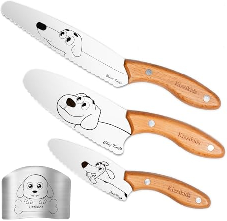 Kizzikids Kindermesser 4 teiliges Kinder Sicherheit Küchenmesser Set, Edelstahlklinge, Wellenschliff, Holzgriff, zum Schneiden Kochen von Obst oder Gemüse, Kinder Messer für ab 3 jahre