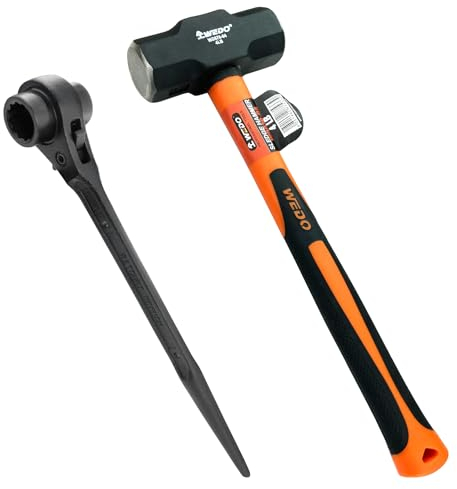 WEDO Llave de trinquete y martillo de 4 libras, llave de espiga de 17 x 19 mm, martillo de acero de alto carbono con mango de fibra de vidrio, llave de trinquete y juego de martillo, WD678-223-SET