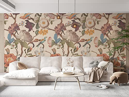 Zeeko Floral Peel and Stick Wall Mural Beige Flower Wallpaper for Bedroom TV Background Vintage Wallpaper Large Floral Wall Murals Art Deco 148 W x 98 H