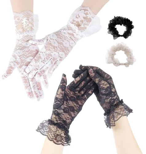 2 Paar Handschuhe, 2 Haargummis, Spitzenhandschuhe, kurze, elegante Sonnenschutzhandschuhe, Hochzeitshandschuhe, geeignet für Hochzeits-Matching und Outdoor-Aktivitäten.