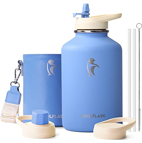 Coolflask 2L/64oz Insulated Water Bottles with PU Leather Sleeve, Stainless Steel Water Bottle Color Contrast with Straw Lids, Half Gallon Metal Water Bottle, Keep Cold 48h Hot 24h, Sky Blue