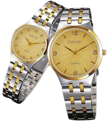 Mr. Gadget's Solutions Par de relojes de cuarzo, analógico, para parejas, de negocios, informal, con pulsera de acero inoxidable dorada y plateada, regalo de pareja para el día de San Valentín, para