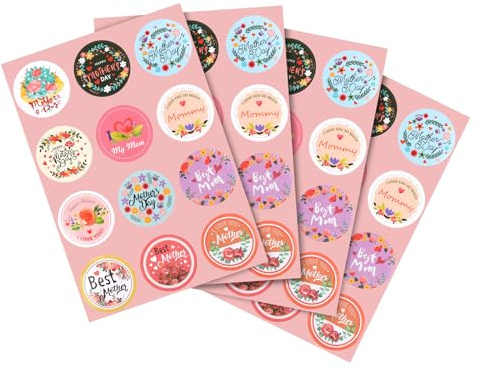 48pcs/4 Sheets Happy Mother's Day Stickers, 1.49 Inch Round Floral Mother's Day Labels Self-Adhesive Mother's Day Tags for Gift Wrap Box Envelope Seals Cards Decoration