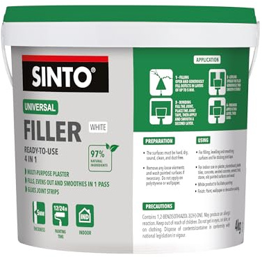 SINTO Enduit universel pâte blanc 4kg | Rebouche égalise et lisse en 1 seule passe jusqu'à 5mm, colle les bandes à joints, plâtre béton brique, prêt à l'emploi