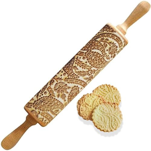 yufana Rodillo de Madera, Rodillo Para Repostería Casera, Accesorios Para Hornear con Rodillo en Relieve, Rodillos de Madera con PatróN 3D, para Fondant, Masa de Pizza, Galleta (35 Cm * 4.5 Cm)