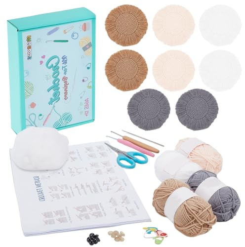 FREEBLOSS 8 Set Häkelset Für Anfänger Rundes Häkel Untersetzer Set Komplettes Starter Häkelset Für Erwachsene Anfänger Quasten Häkel Untersetzer Set Mit Video Tutorial Zur Dekoration