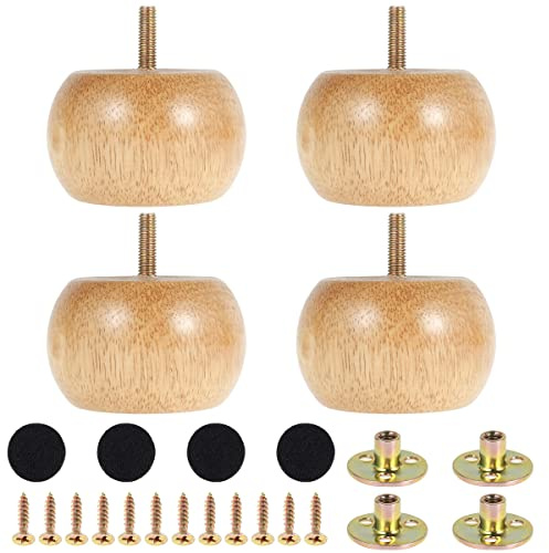 Möbelben i trä set med 4, 8 x 5 cm solida runda knoppfötter med 4 skruvar gör-det-själv stolben bordsfötter ersättnings set för soffa skåp stol soffa ottoman soffbord