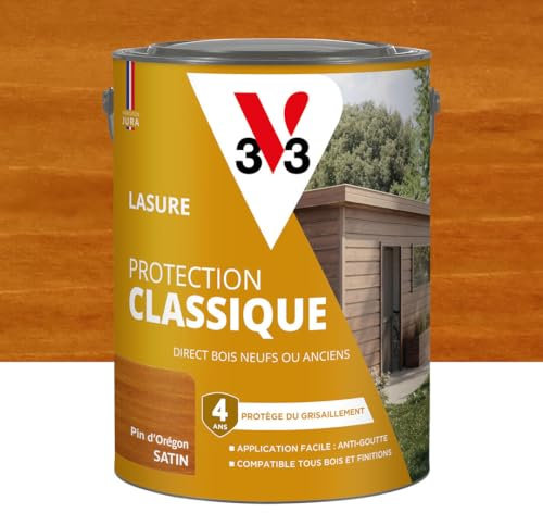 V33 Lasure Bois extérieur Pin d'Orégon - Protection Classique 4 ans - Protège du grisaillement - Direct bois neufs ou anciens - Texture anti-goutte - 5L