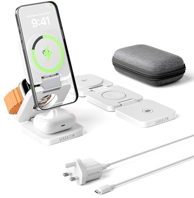 LULULOOK 3 in 1 Foldable Charger Qi2 Certified Charging Station, 15W Wireless Travel Chager MagSafe for Apple Watch 11/10/9/8/7/SE & AirPods Pro/3/2, for iPhone 17/16/15/14/13/12, White