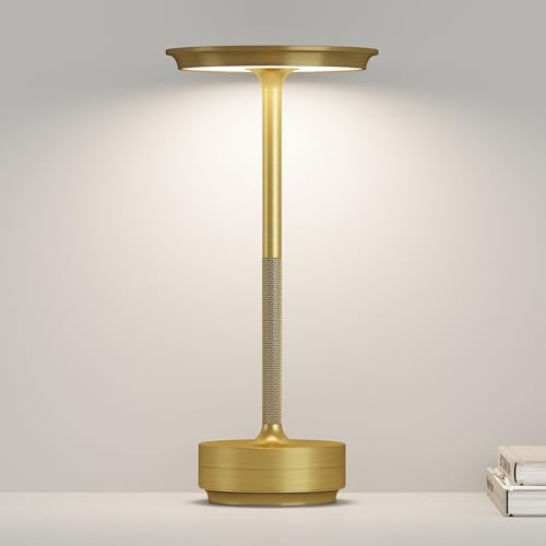 ZTFLOS Cordless LED Table Lamp,Portable Rechargeable USB-C Battery Operated Table Lights IP54 Waterproof 3 Levels Brightness Light with Memory Function,for Terrace, Western Restaurant, Cafe(Gold)