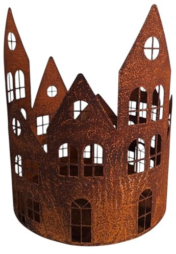 Edelrost Windlicht Häuser, Kerzenhalter Deko, 3D Metalldesign, Vintage Rostoptik, XXL