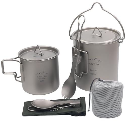 SANTTA Titan Camping-Kochgeschirr | 700 ml Camping-Topf & 380 ml Trinkbecher & faltbarer Göffel Ultraleichtes Outdoor-Küchengeschirr für Rucksackreisen Wandern