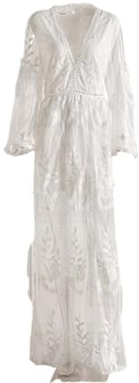 Pulcykp Women Maxi Dress V Neck Floral Lace Overlay Short Sleeve Casual Boho Summer Party Dress