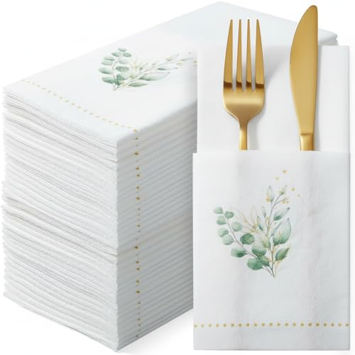 Janlaugh 100 Pack Wedding Golden Eucalyptus Linen Disposable Napkins with Silverware Pockets 16x16 Festive Green Dinner Napkins for Holiday Party, Wedding Dinner, Family Gathering