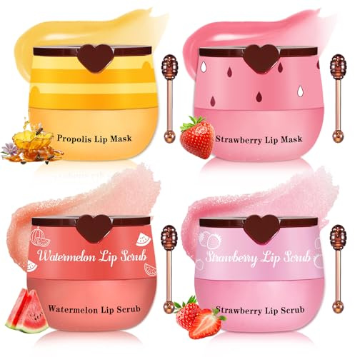 AOAZXBB 4PCS Lip Mask and Lip Scrub Set, Moisturizing Lip Sleeping Mask Reduces Lip Lines, Strawberry and Honey Pot Lip Balm, Lip Exfoliator Scrub