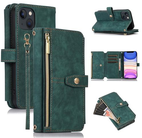 ZCDAYE Wallet Case for iPhone 17, Premium Leather Phone Case Women Ladies Holster with Card Slots Wrist Strap Zipper Flip Phone Cover for iPhone 17 (6.3 inches), Green