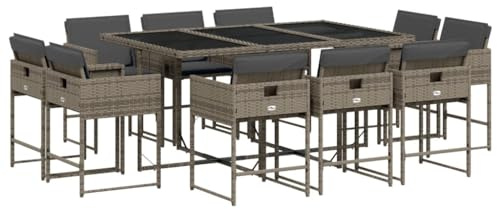 vidaXL Garten Essgruppe 11-TLG., Gartenmöbel Set Tisch mit Glasplatte 10 Stühle, Gartengarnitur mit Kissen, Sitzgruppe Terrasse, Grau Poly Rattan
