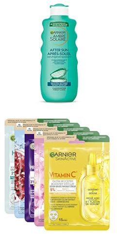 Garnier Vacation Set: Ultimative Feuchtigkeit für Gesicht & Körper, After Sun & Multi-Tuchmasken (5 Stück) für langanhaltende Bräune, intensiven Glow & Regeneration im oder nach dem Urlaub