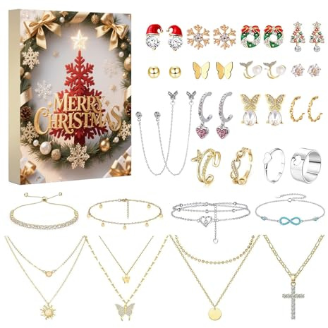 Adventskalender mit Schmuck für Frauen,2025 Frauens Weihnachtskalender, 24 tolle Mode Schmuckkalenders,Armbänder, Halsketten, Ringe und Ohrringe für Ihre Fraus,Mutter oder Freund