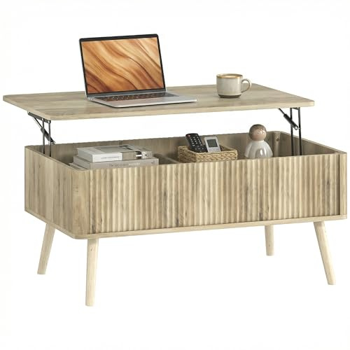 HOMCOM Table Basse Relevable 2 Compartiments Cachés 91 x 56 x 43 cm Chêne