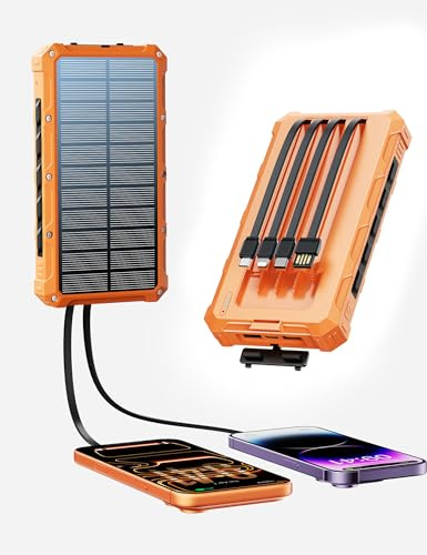 Solar-Charger-Power-Bank - 20000mah Solar Powered Battery Charger Cell Phone,20W Fast Charging Built in Cables,Camping Essentials Portable External Battery Pack Compatible with Multiple Devices