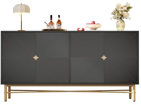muenfly Sideboard mit erhabener Textur, Vier Türen mit goldenen Griffen und Hochglanzfüßen, 160×40×82cm, Vorratsschrank fürs Wohnzimmer